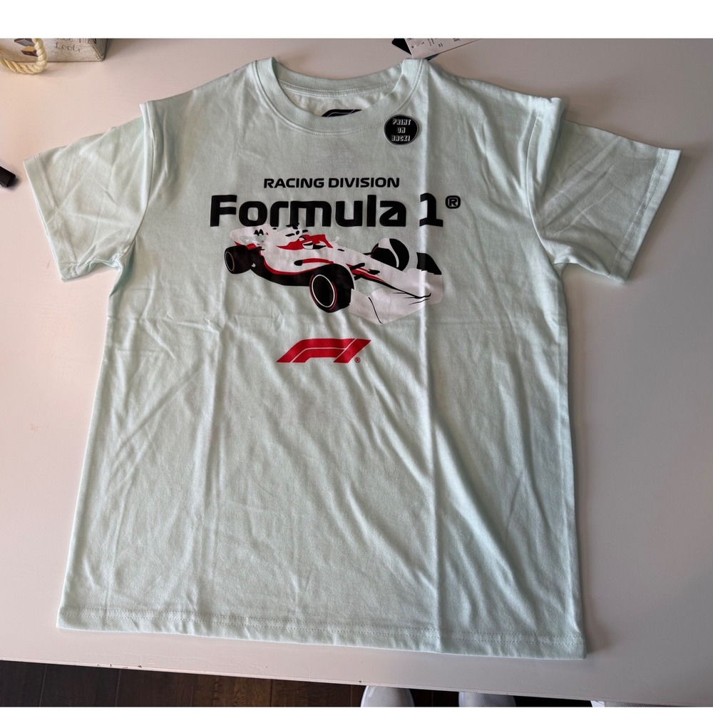 Formula 1 Racing Division Kids T-Shirt Pale Blue Graphic F1 Car Size L NWT